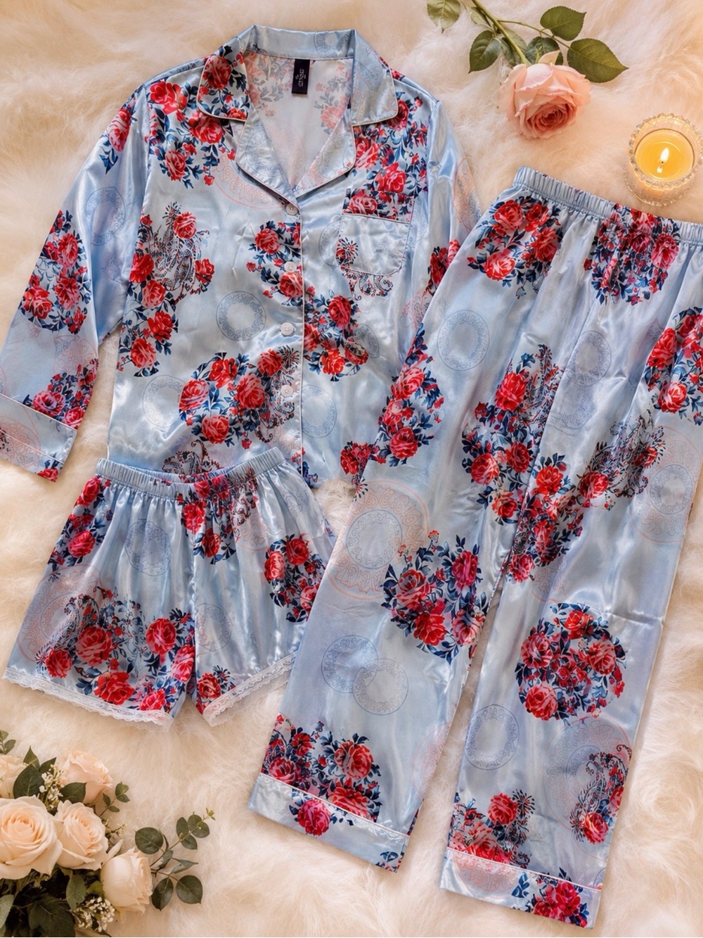 Women's Pajama Set in Light Blue with Red Floral Print